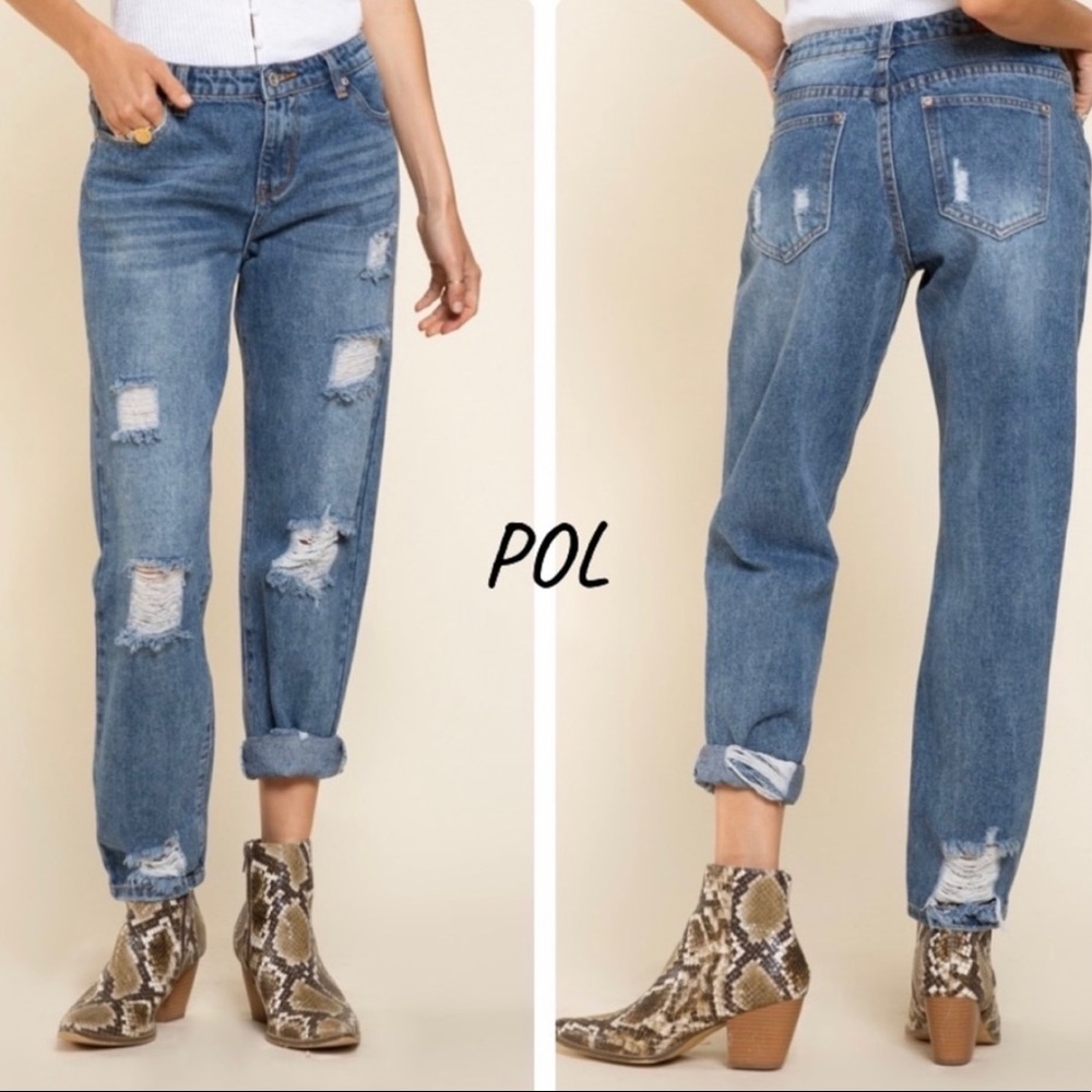 New! POL Boyfriend Distressed Destroyed Denim Jeans